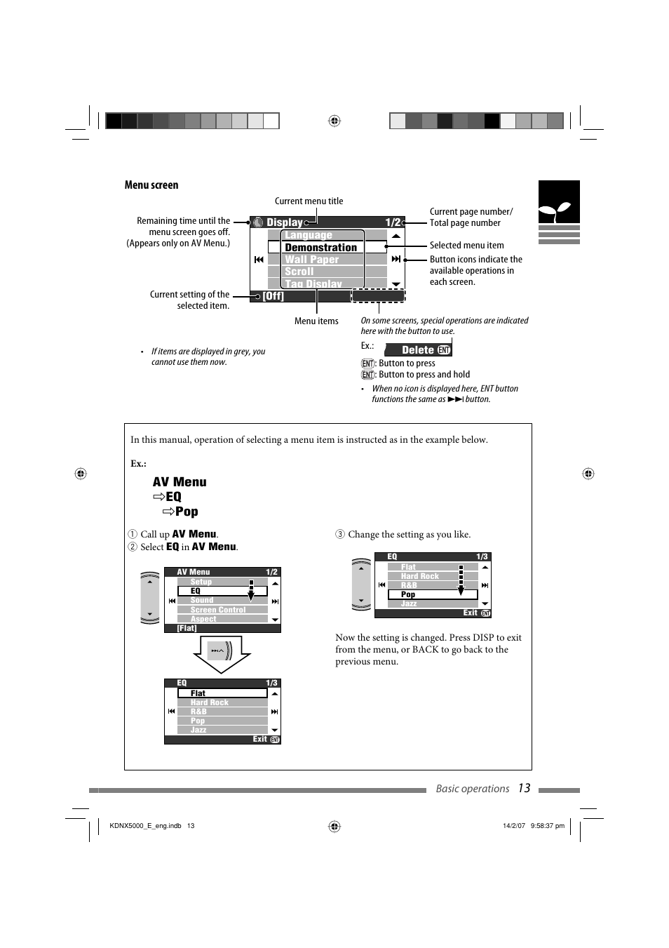 Menu screen, Av menu ] eq ] pop | JVC LVT1627-001A User Manual | Page 139 / 252