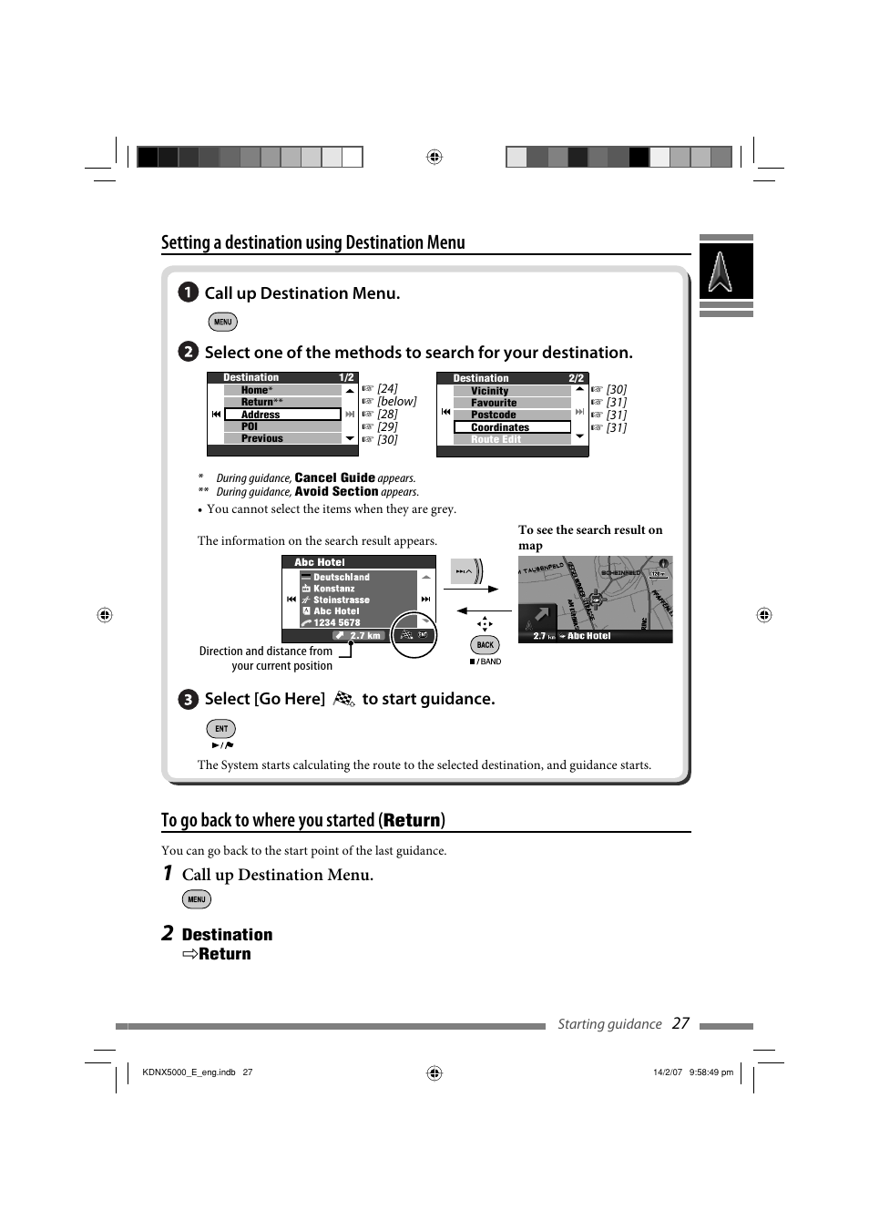 Setting a destination using destination menu, Select [go here] to start guidance, Return | Call up destination menu | JVC LVT1627-001A User Manual | Page 153 / 252