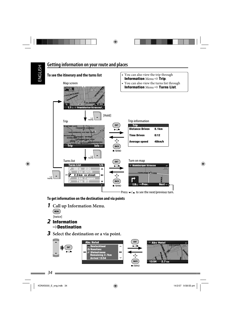 Getting information on your route and places, 34 english, Call up information menu | Select the destination or a via point, Information ] destination | JVC LVT1627-001A User Manual | Page 160 / 252
