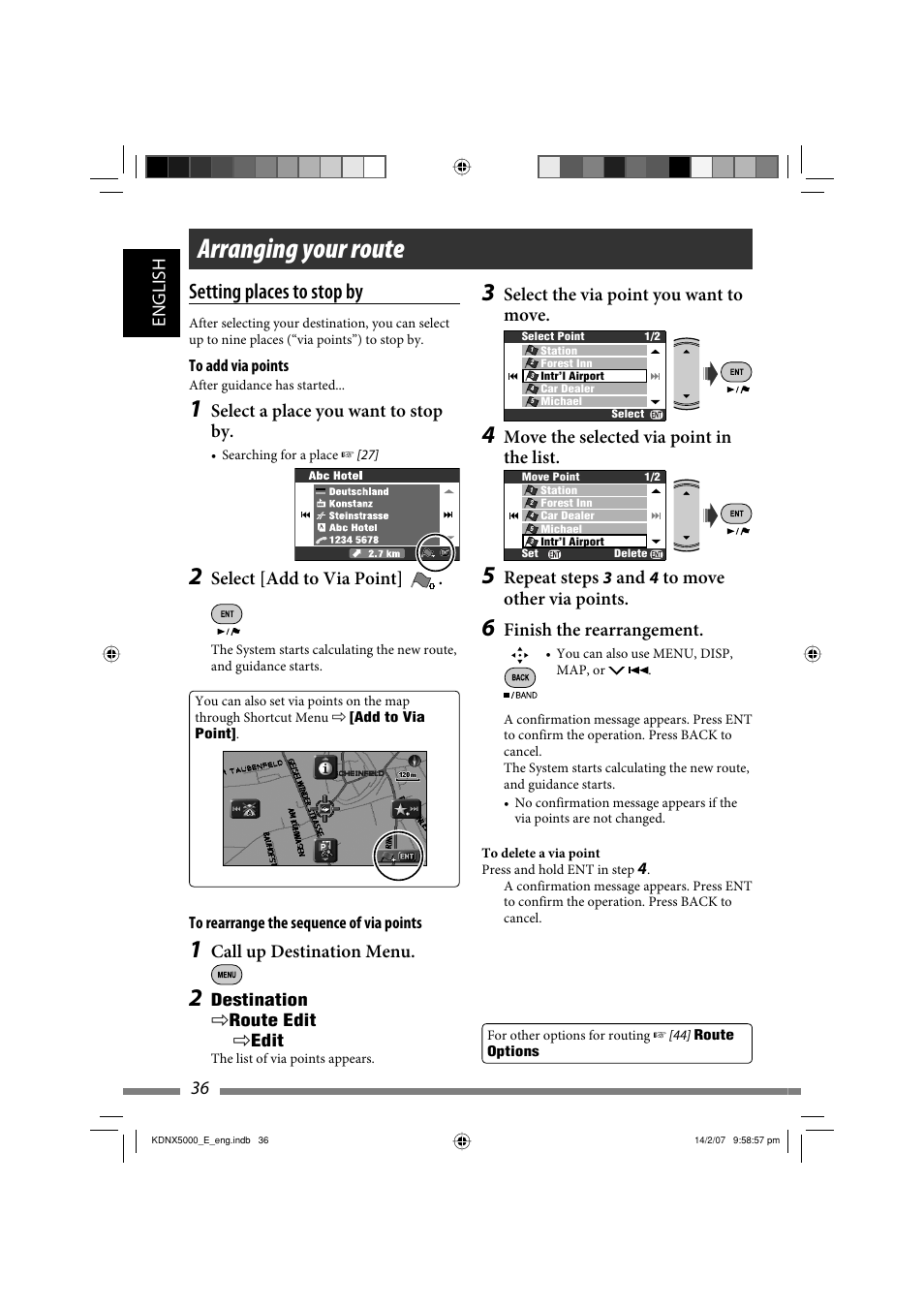 Arranging your route, Setting places to stop by, 36 english | Select the via point you want to move, Move the selected via point in the list, Repeat steps, Finish the rearrangement, Select a place you want to stop by, Select [add to via point, Call up destination menu | JVC LVT1627-001A User Manual | Page 162 / 252