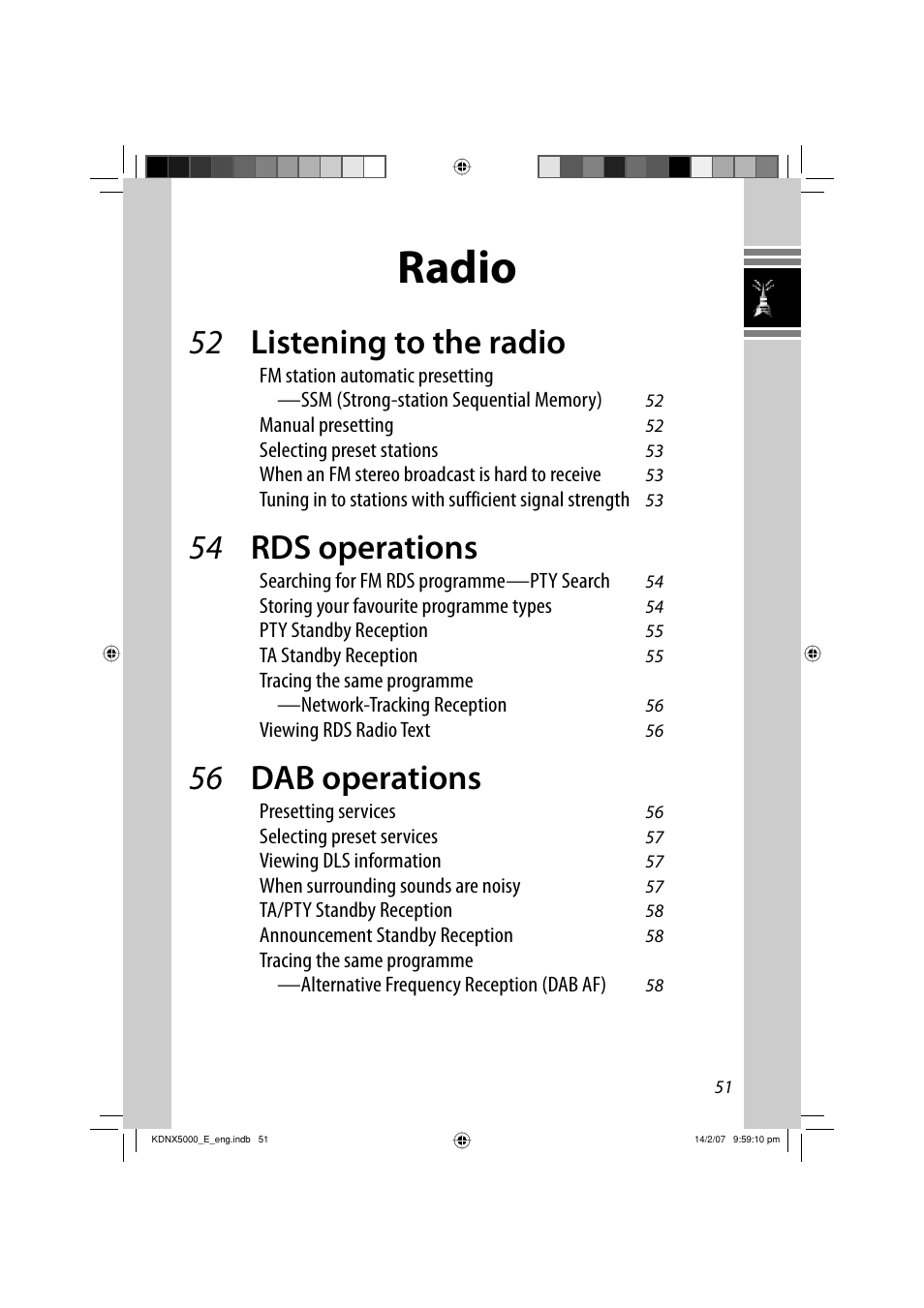 Radio, 52 listening to the radio, 54 rds operations | 56 dab operations | JVC LVT1627-001A User Manual | Page 177 / 252