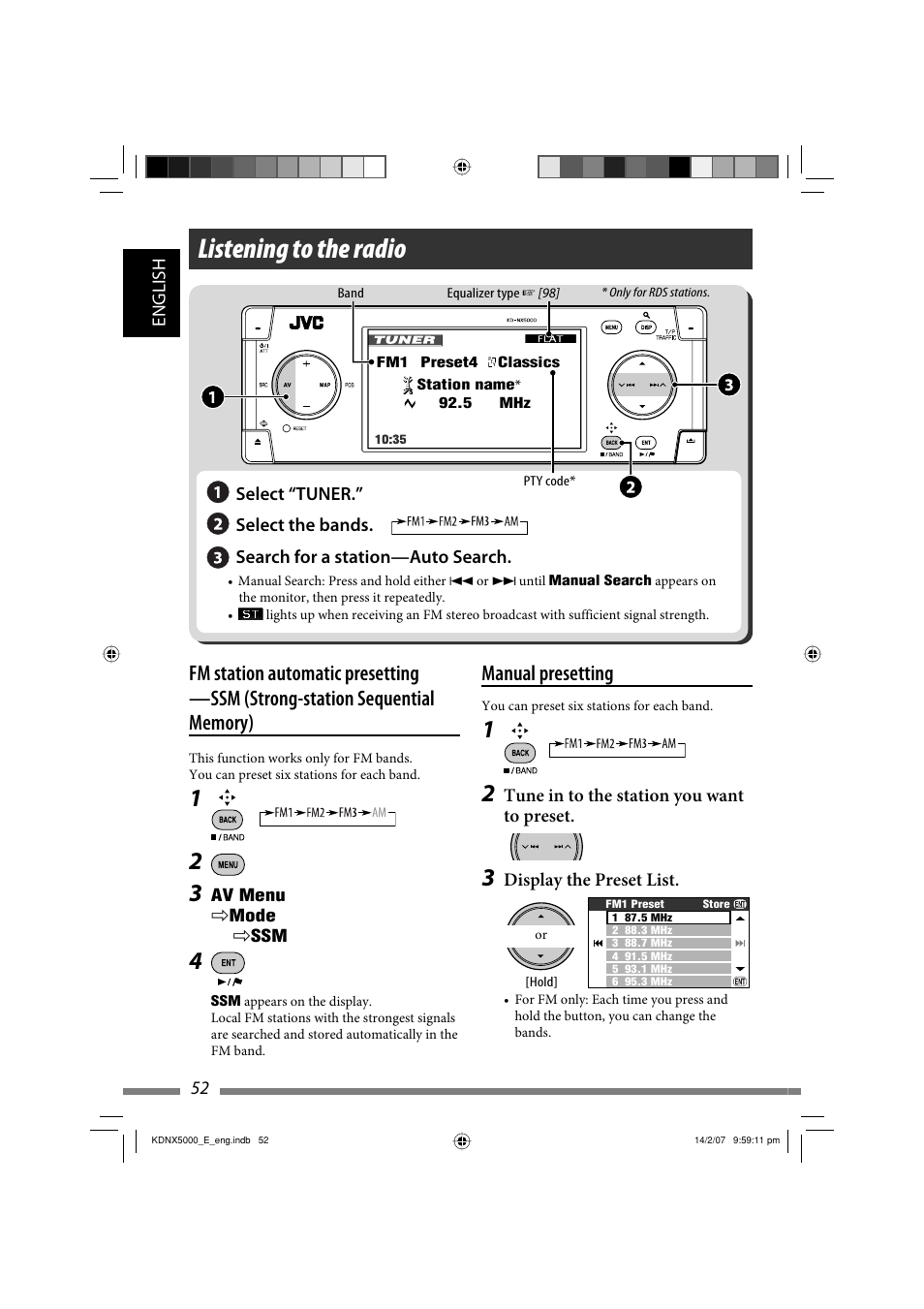 Listening to the radio, Manual presetting, English 52 | Tune in to the station you want to preset, Display the preset list | JVC LVT1627-001A User Manual | Page 178 / 252