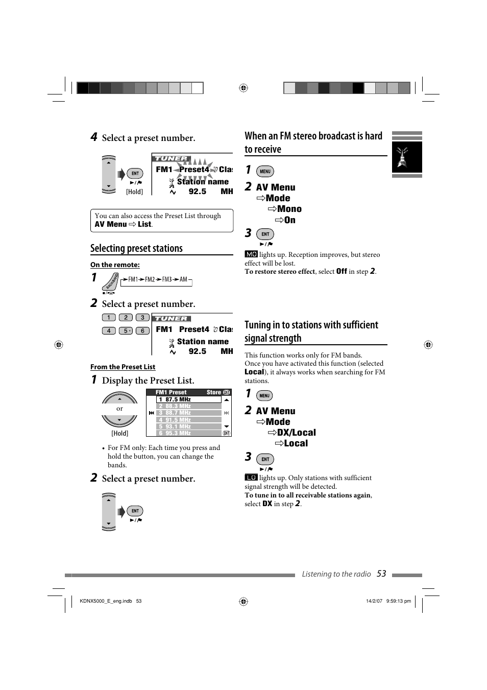 Selecting preset stations, When an fm stereo broadcast is hard to receive, Select a preset number | Display the preset list | JVC LVT1627-001A User Manual | Page 179 / 252