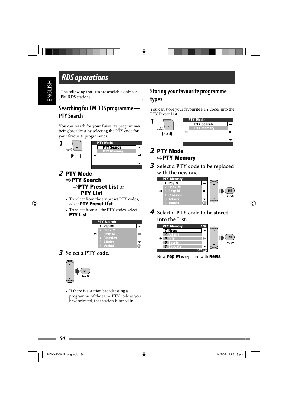 Rds operations, Searching for fm rds programme— pty search, Storing your favourite programme types | English 54, Select a pty code, Select a pty code to be replaced with the new one, Select a pty code to be stored into the list | JVC LVT1627-001A User Manual | Page 180 / 252