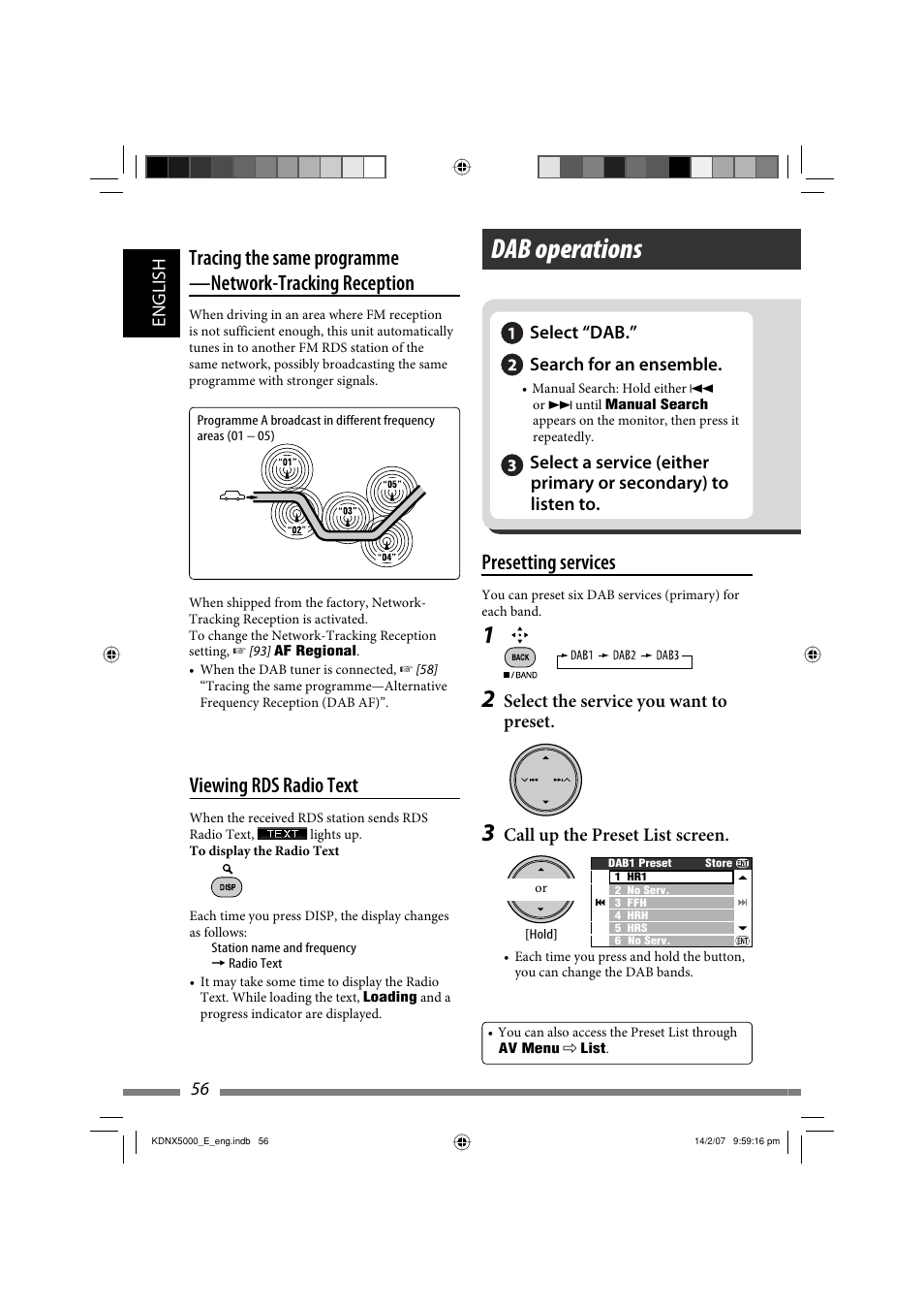 Dab operations, Presetting services, Viewing rds radio text | JVC LVT1627-001A User Manual | Page 182 / 252