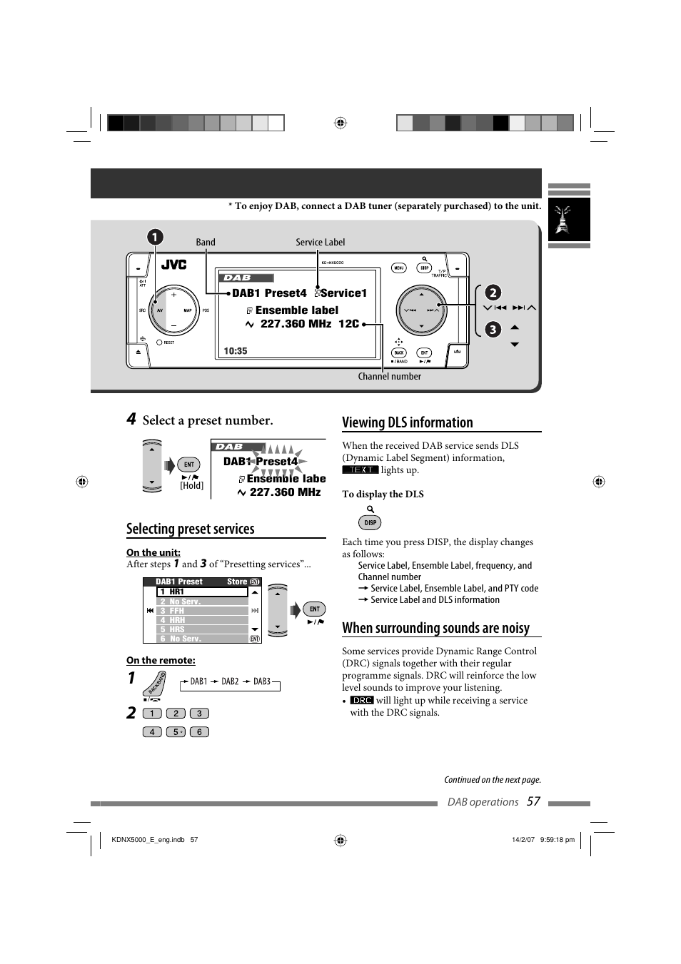 Selecting preset services, Viewing dls information, When surrounding sounds are noisy | Select a preset number | JVC LVT1627-001A User Manual | Page 183 / 252