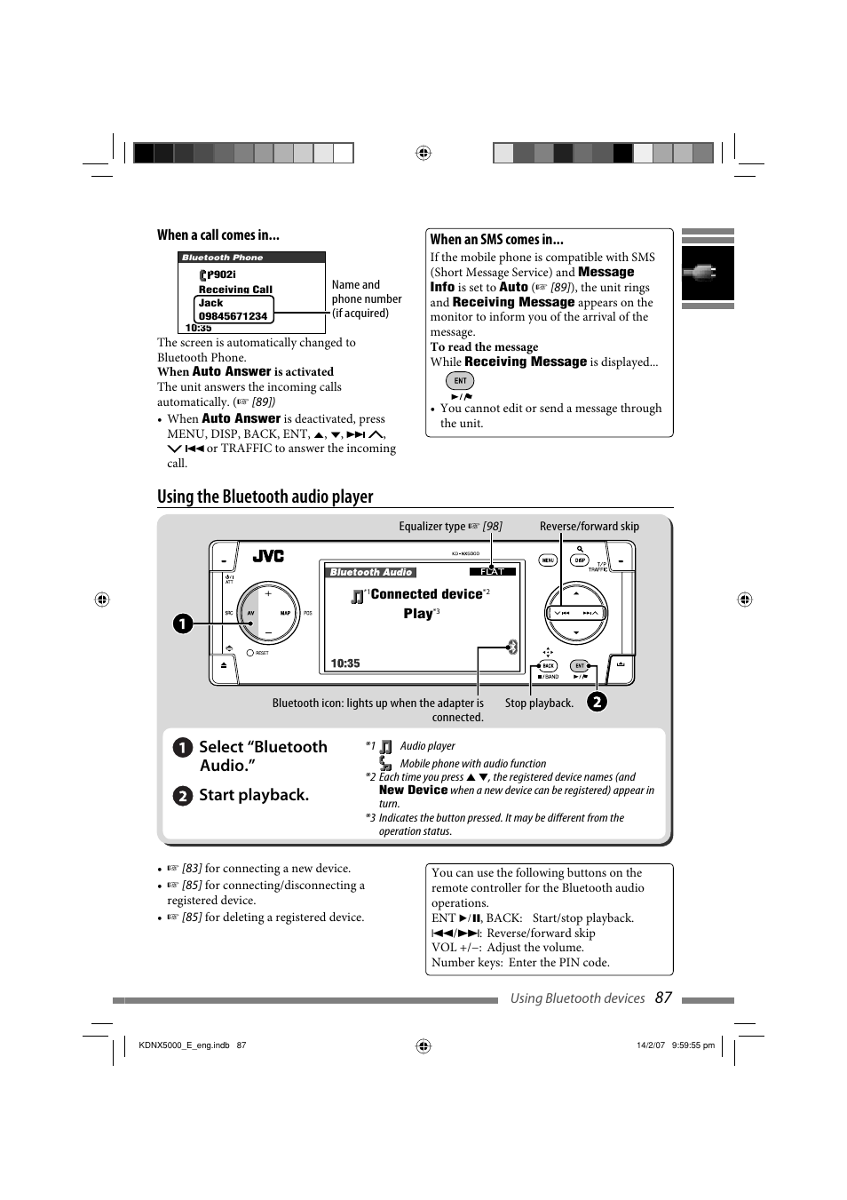 Using the bluetooth audio player, 87 select “bluetooth audio.” start playback, When a call comes in | When an sms comes in | JVC LVT1627-001A User Manual | Page 213 / 252