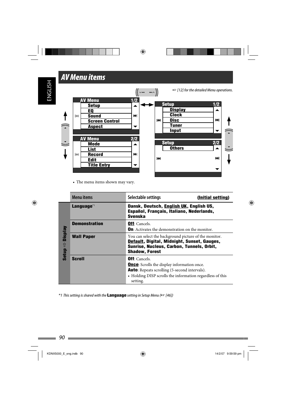 Av menu items, English 90 | JVC LVT1627-001A User Manual | Page 216 / 252