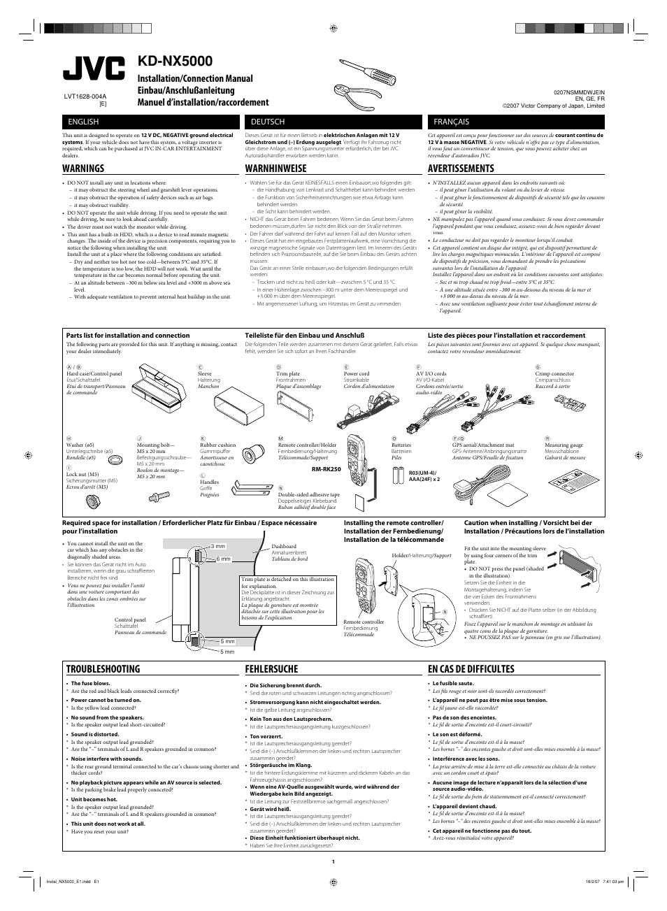Installation/connection manual, Warnings, Parts list for installation and connection | Troubleshooting, Kd-nx5000, Fehlersuche, En cas de difficultes, Warnhinweise, Avertissements, English | JVC LVT1627-001A User Manual | Page 247 / 252