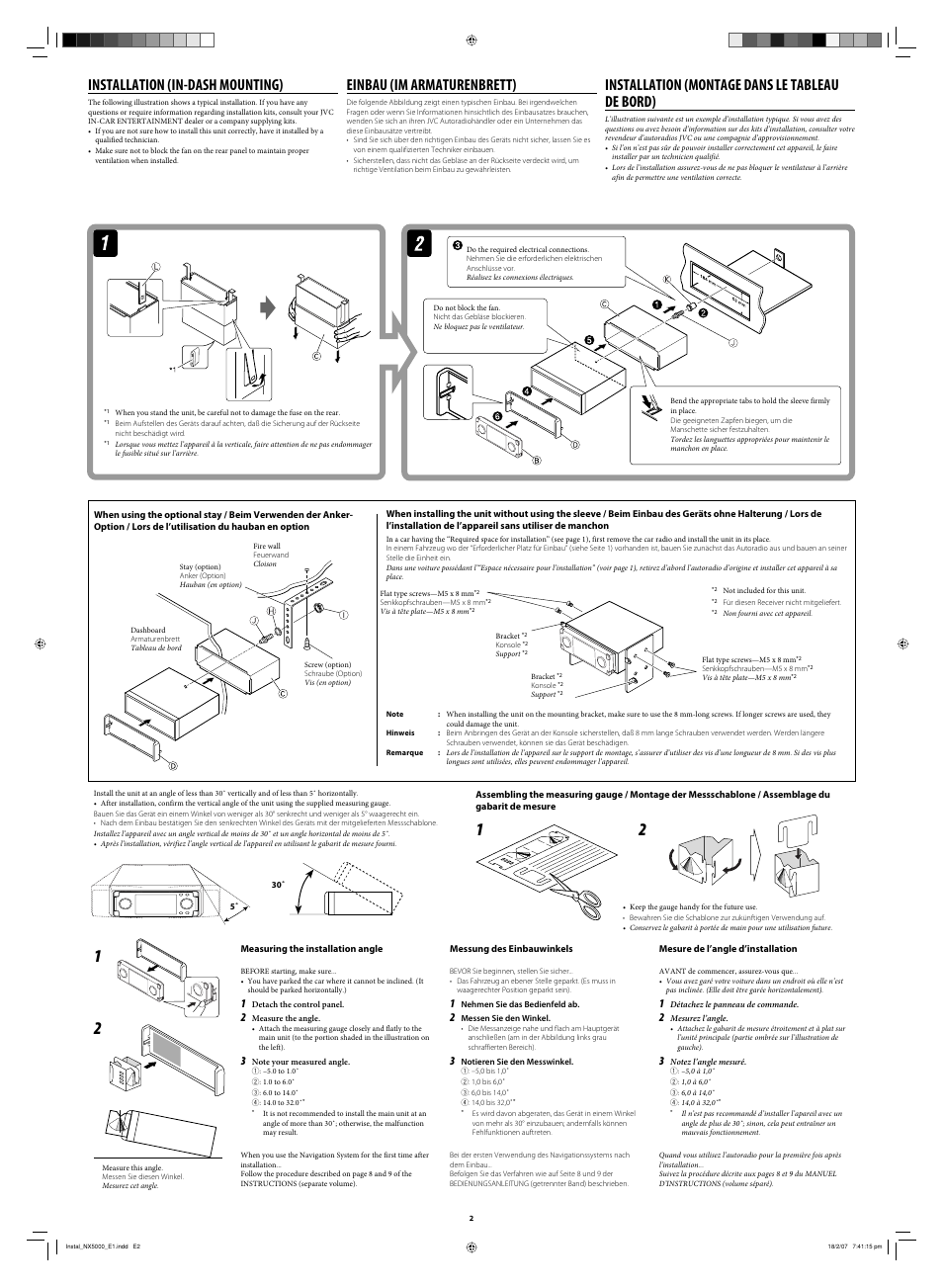 Installation, Measuring the installation angle, Installation (in-dash mounting) | Einbau (im armaturenbrett), Installation (montage dans le tableau de bord), Mesure de l’angle d’installation, Messung des einbauwinkels | JVC LVT1627-001A User Manual | Page 248 / 252