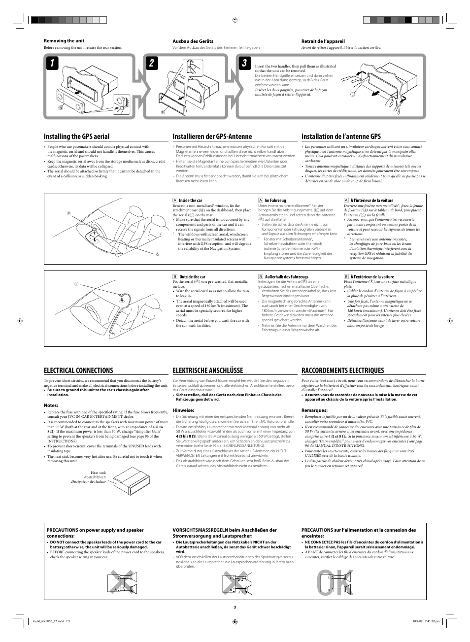 Removing the unit, Installing the gps aerial, Electrical connections | Elektrische anschlüsse, Raccordements electriques, Installation de l’antenne gps, Installieren der gps-antenne | JVC LVT1627-001A User Manual | Page 249 / 252