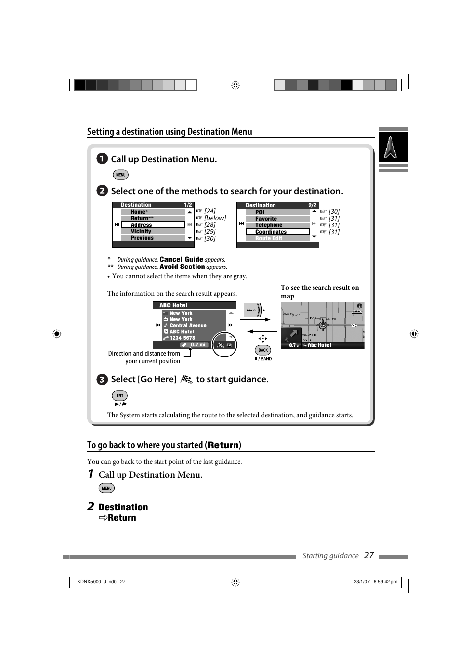 Setting a destination using destination menu, Select [go here] to start guidance, Return | Call up destination menu | JVC LVT1627-001A User Manual | Page 27 / 252