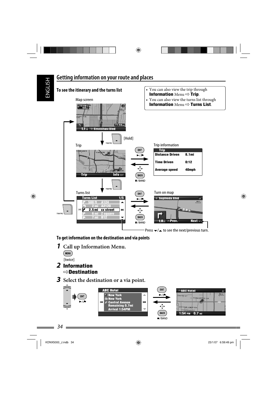 Getting information on your route and places, 34 english, Call up information menu | Select the destination or a via point, Information ] destination | JVC LVT1627-001A User Manual | Page 34 / 252