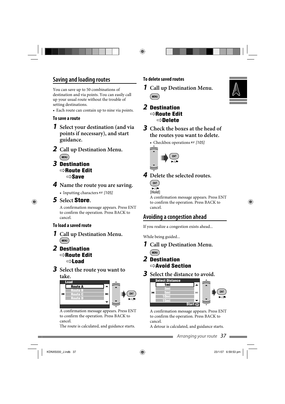 Saving and loading routes, Avoiding a congestion ahead | JVC LVT1627-001A User Manual | Page 37 / 252