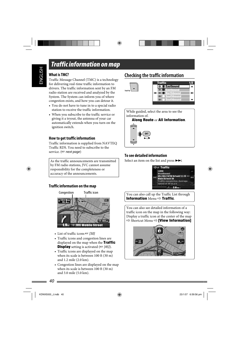 Traffic information on map, Checking the traffic information, 40 english | JVC LVT1627-001A User Manual | Page 40 / 252