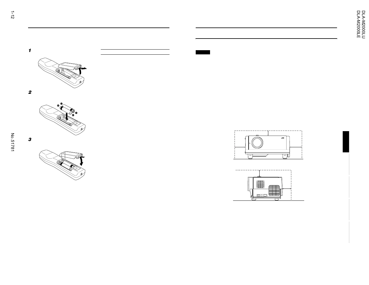 Installing the projector, Installing batteries, Precautions for installation | JVC DLA-M2000LU User Manual | Page 12 / 40