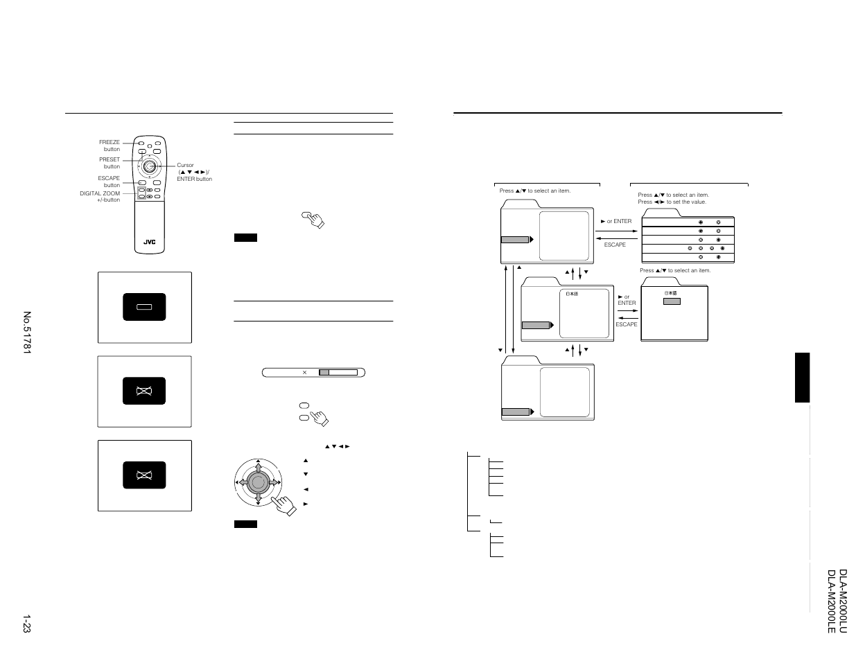 Menu operations, Focus, Zoom shift volume | Quick align. shuter | JVC DLA-M2000LU User Manual | Page 23 / 40