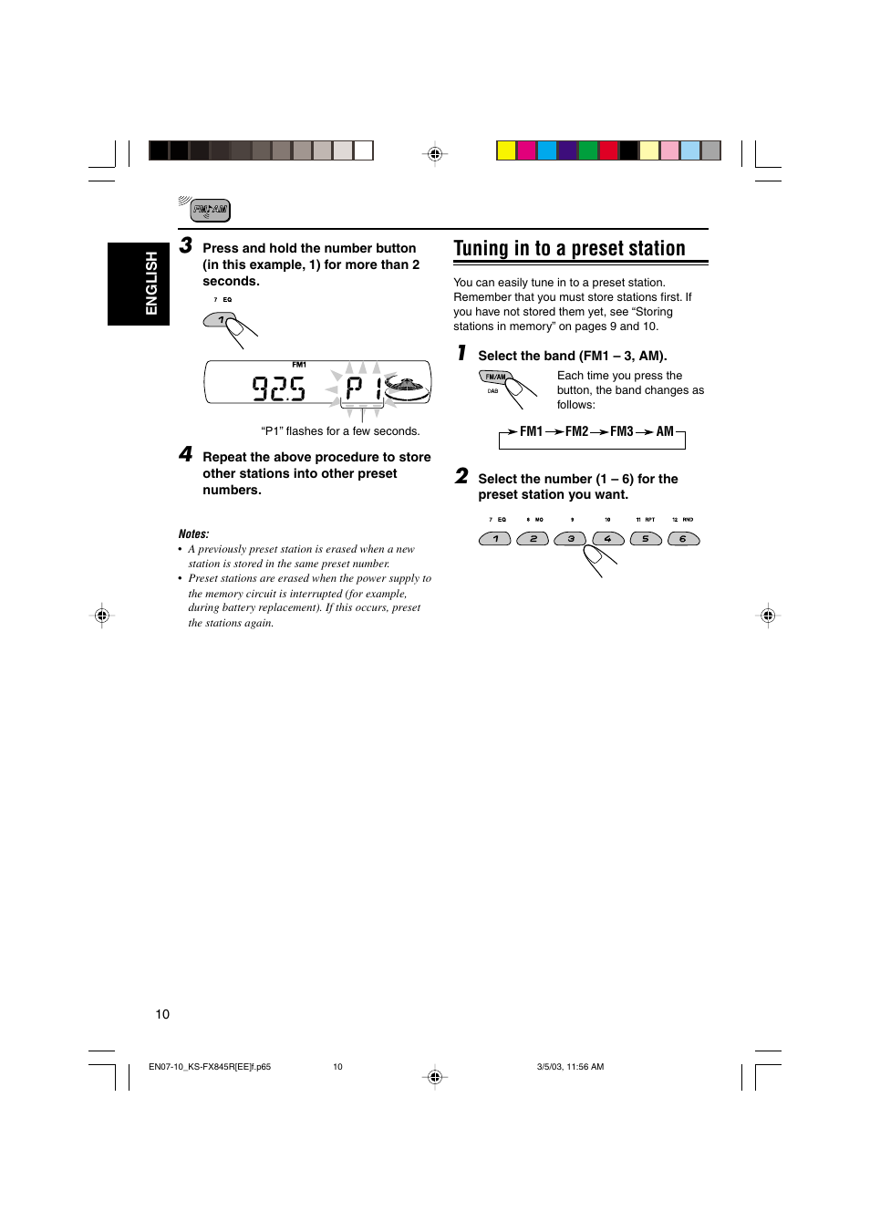 Tuning in to a preset station | JVC KS-FX845R User Manual | Page 10 / 46