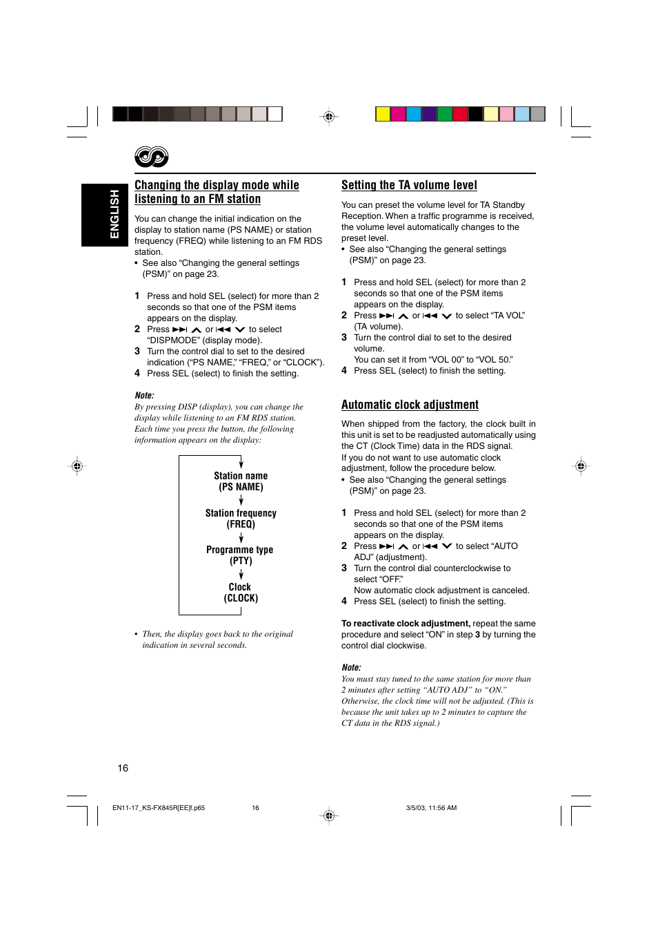 Setting the ta volume level, Automatic clock adjustment | JVC KS-FX845R User Manual | Page 16 / 46