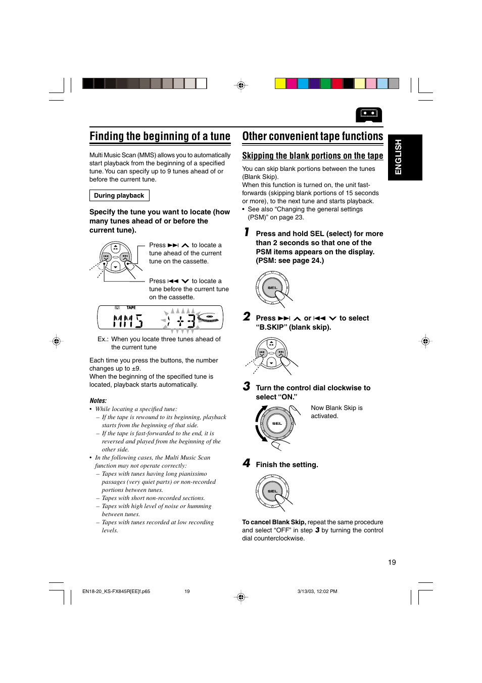 Other convenient tape functions, Finding the beginning of a tune, Skipping the blank portions on the tape | JVC KS-FX845R User Manual | Page 19 / 46