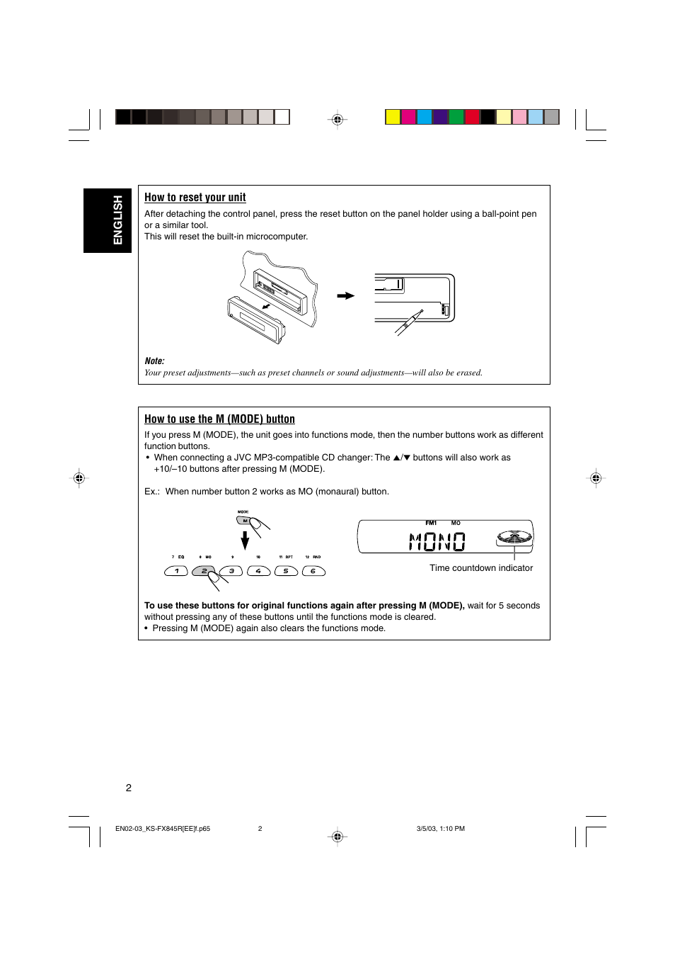 English how to reset your unit, How to use the m (mode) button | JVC KS-FX845R User Manual | Page 2 / 46