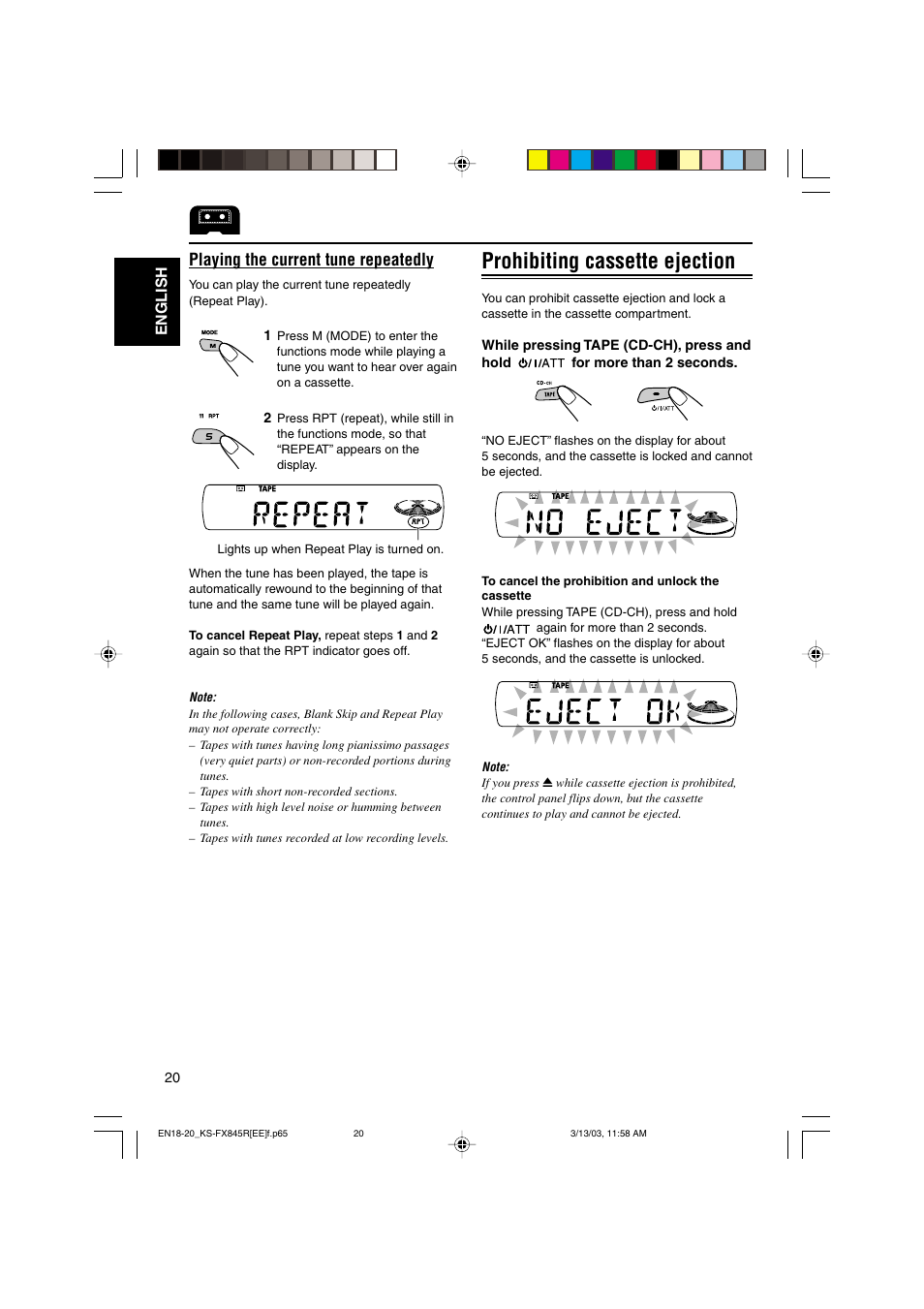 Prohibiting cassette ejection, Playing the current tune repeatedly | JVC KS-FX845R User Manual | Page 20 / 46