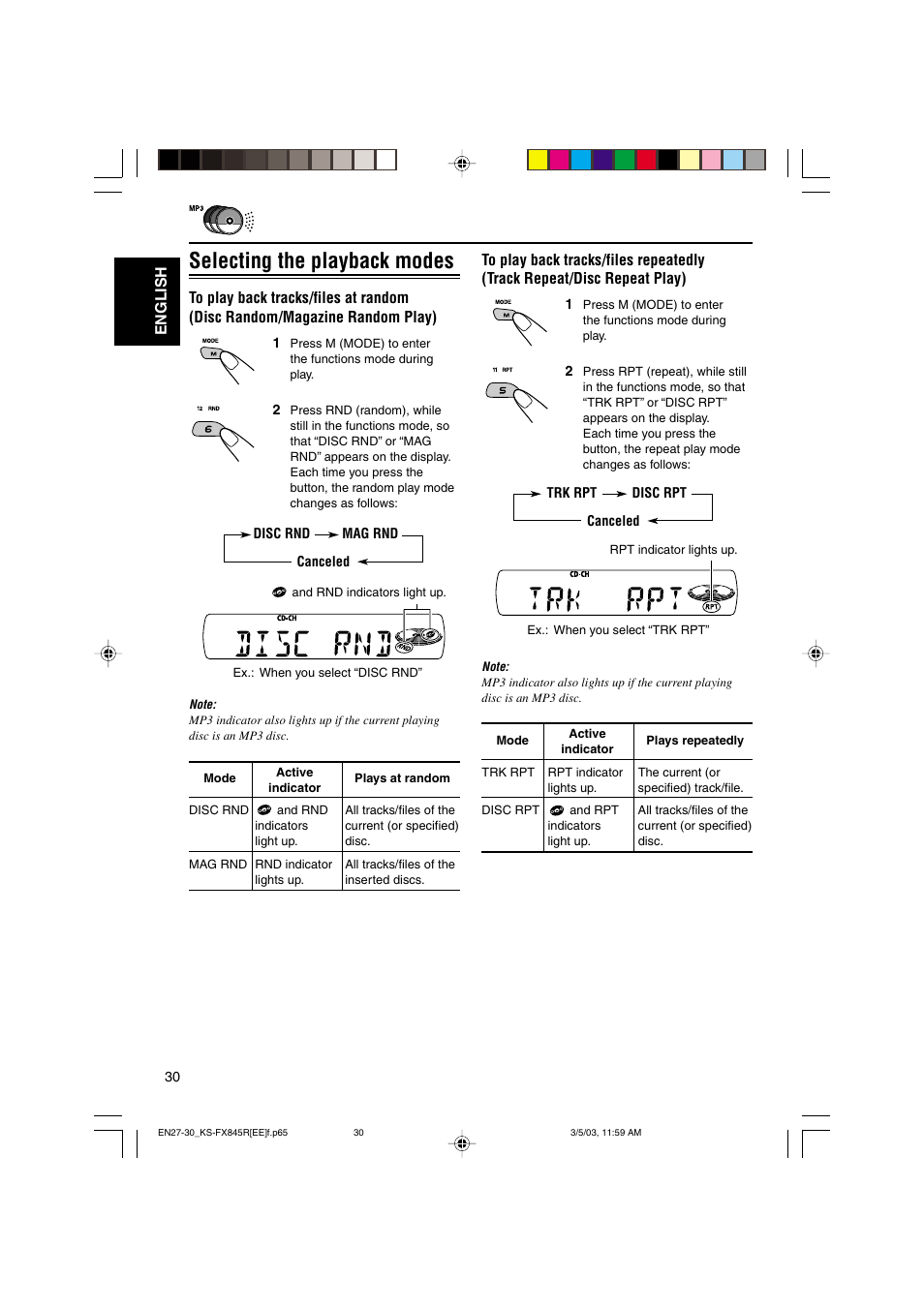 Selecting the playback modes | JVC KS-FX845R User Manual | Page 30 / 46