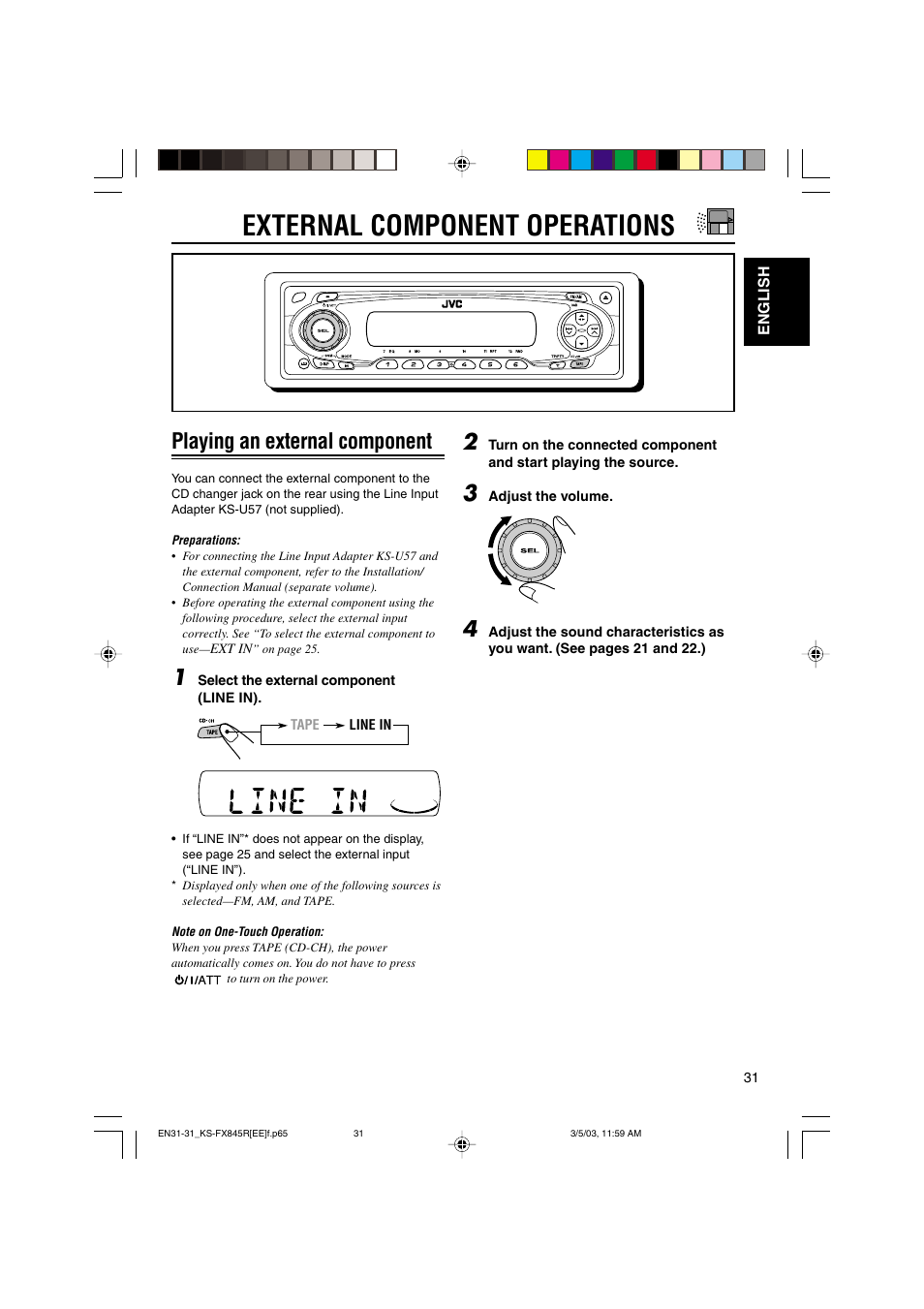 External component operations, Playing an external component | JVC KS-FX845R User Manual | Page 31 / 46