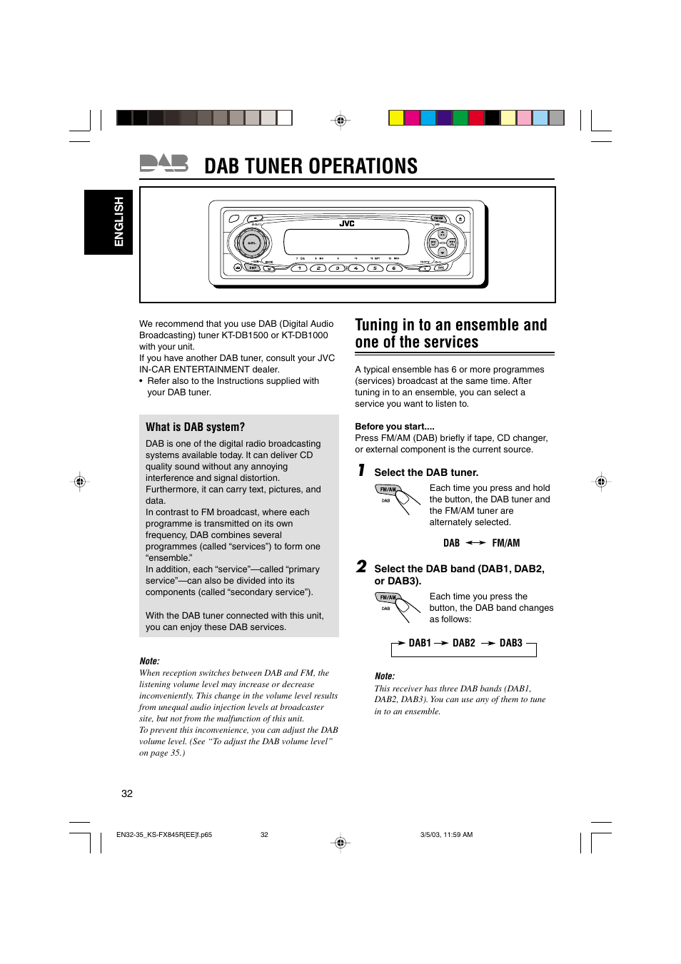Dab tuner operations, Tuning in to an ensemble and one of the services | JVC KS-FX845R User Manual | Page 32 / 46