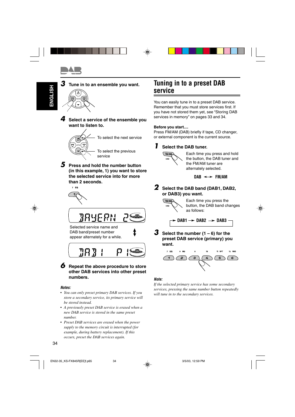 Tuning in to a preset dab service | JVC KS-FX845R User Manual | Page 34 / 46