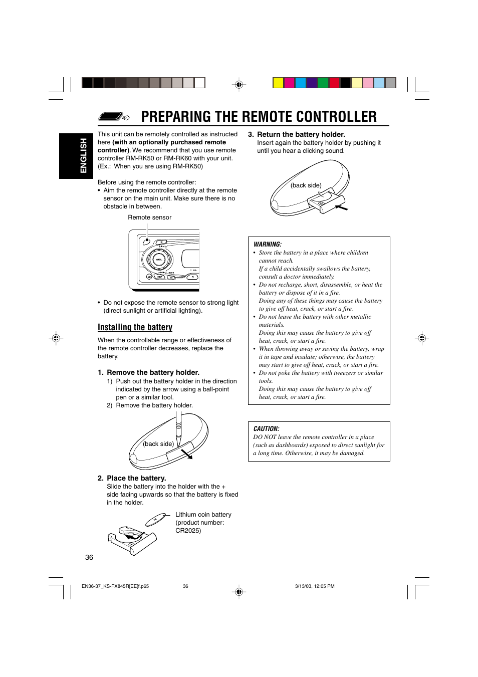 Preparing the remote controller, Installing the battery | JVC KS-FX845R User Manual | Page 36 / 46