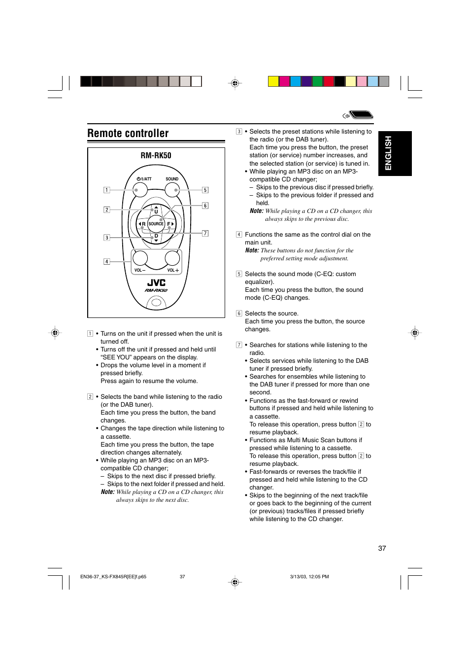 Remote controller, English, Rm-rk50 | JVC KS-FX845R User Manual | Page 37 / 46