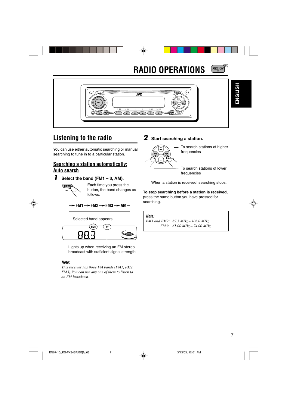 Radio operations, Listening to the radio | JVC KS-FX845R User Manual | Page 7 / 46