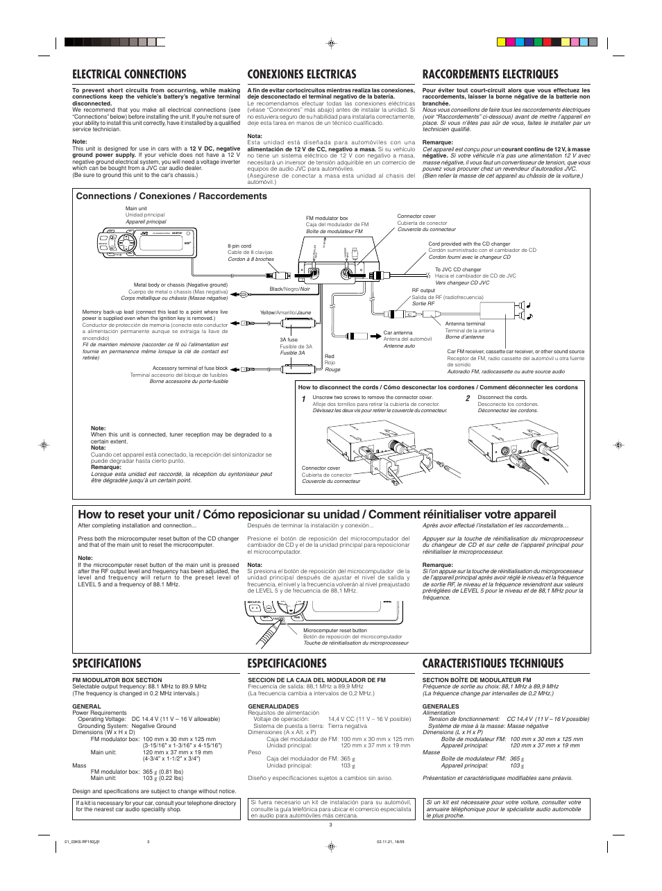 Electrical connections, Conexiones electricas, Raccordements electriques | Connections / conexiones / raccordements | JVC KS-RF150 User Manual | Page 3 / 6