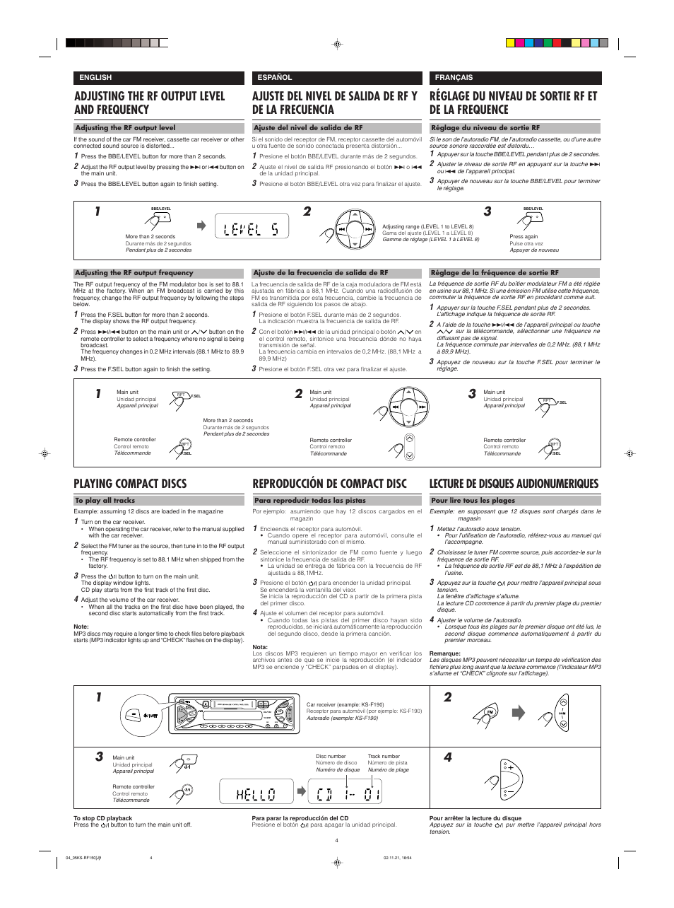 Lecture de disques audionumeriques, Reproducción de compact disc, Playing compact discs | JVC KS-RF150 User Manual | Page 4 / 6