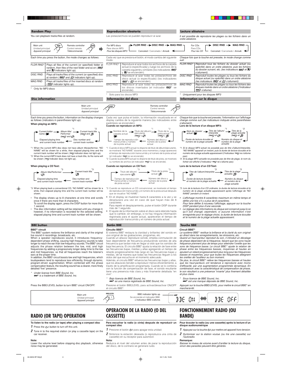 Operacion de la radio (o del cassette), Fonctionnement radio (ou bande), Radio (or tape) operation | JVC KS-RF150 User Manual | Page 6 / 6