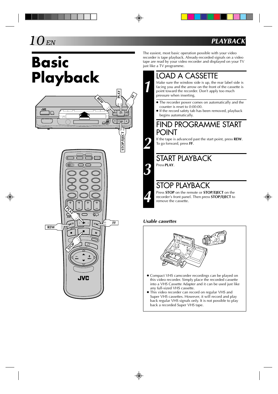 Basic playback, Load a cassette, Find programme start point | Start playback, Stop playback, Playback | JVC HR-A637E User Manual | Page 10 / 33