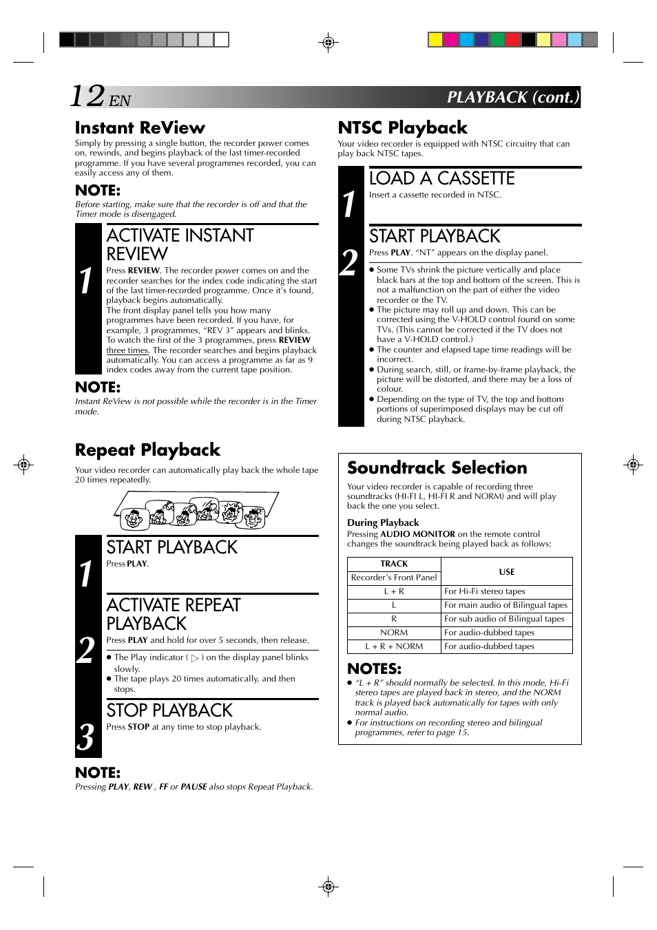 Load a cassette, Start playback, Activate instant review | Activate repeat playback, Stop playback, Playback (cont.) ntsc playback, Instant review, Soundtrack selection, Repeat playback | JVC HR-A637E User Manual | Page 12 / 33