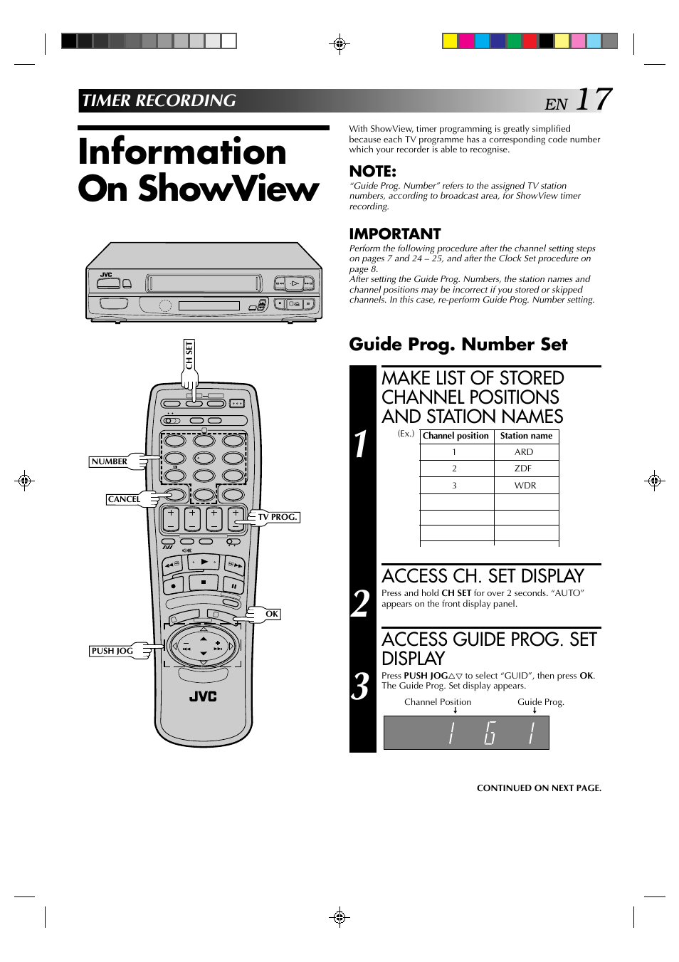Information on showview, Access ch. set display, Access guide prog. set display | Timer recording, Guide prog. number set | JVC HR-A637E User Manual | Page 17 / 33