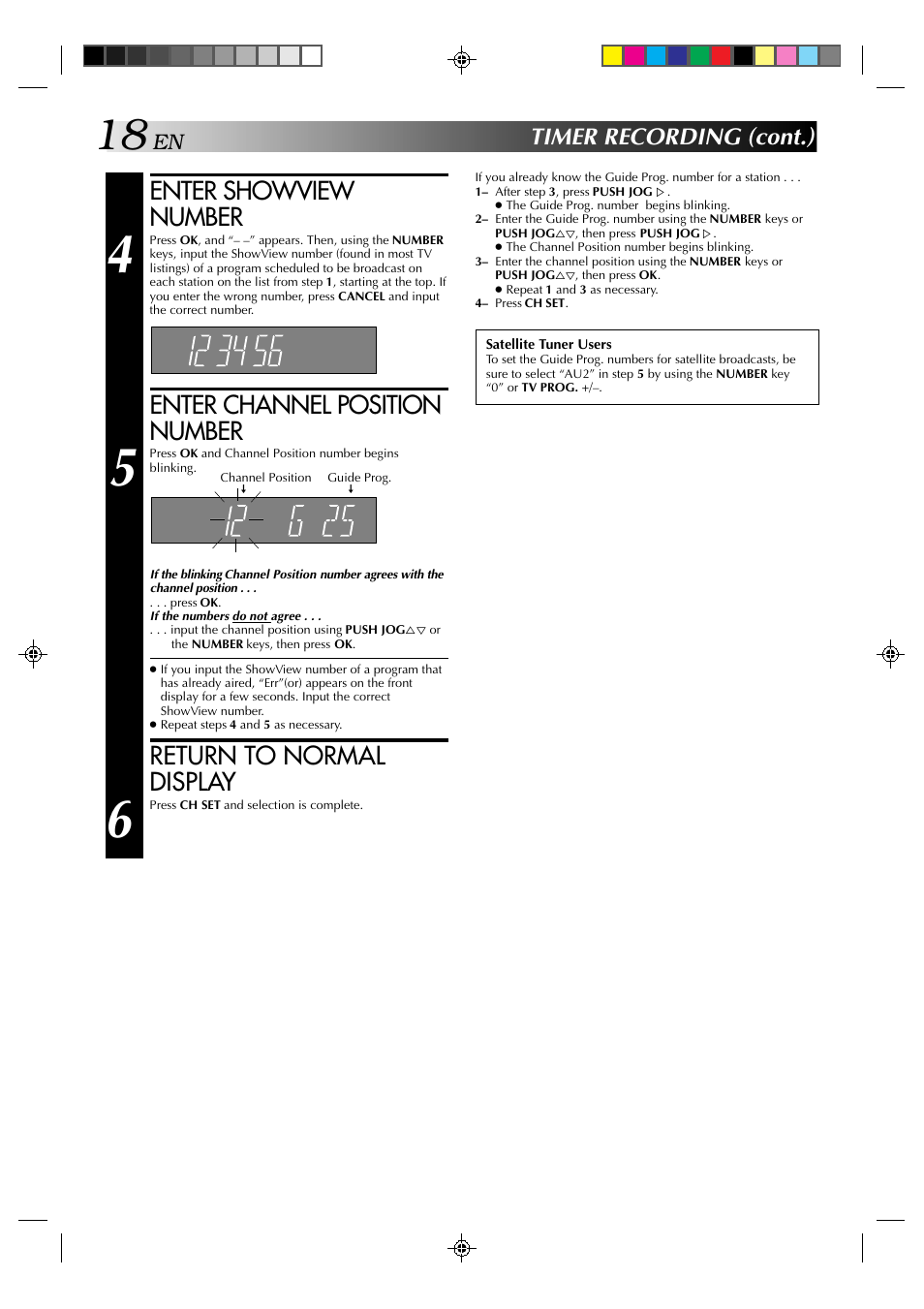 Enter showview number, Enter channel position number, Return to normal display | Timer recording (cont.) | JVC HR-A637E User Manual | Page 18 / 33