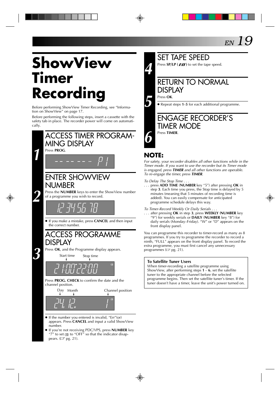 Showview timer recording, Set tape speed, Return to normal display | Engage recorder’s timer mode, Access timer program- ming display, Enter showview number, Access programme display | JVC HR-A637E User Manual | Page 19 / 33