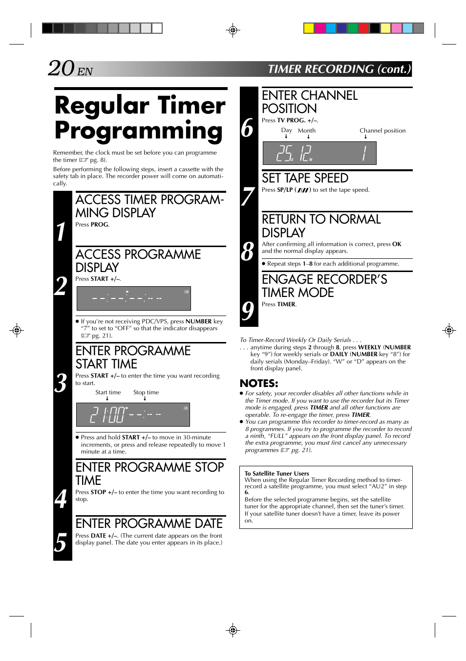 Regular timer programming, Enter channel position, Set tape speed | Return to normal display, Engage recorder’s timer mode, Access timer program- ming display, Access programme display, Enter programme start time, Enter programme stop time, Enter programme date | JVC HR-A637E User Manual | Page 20 / 33
