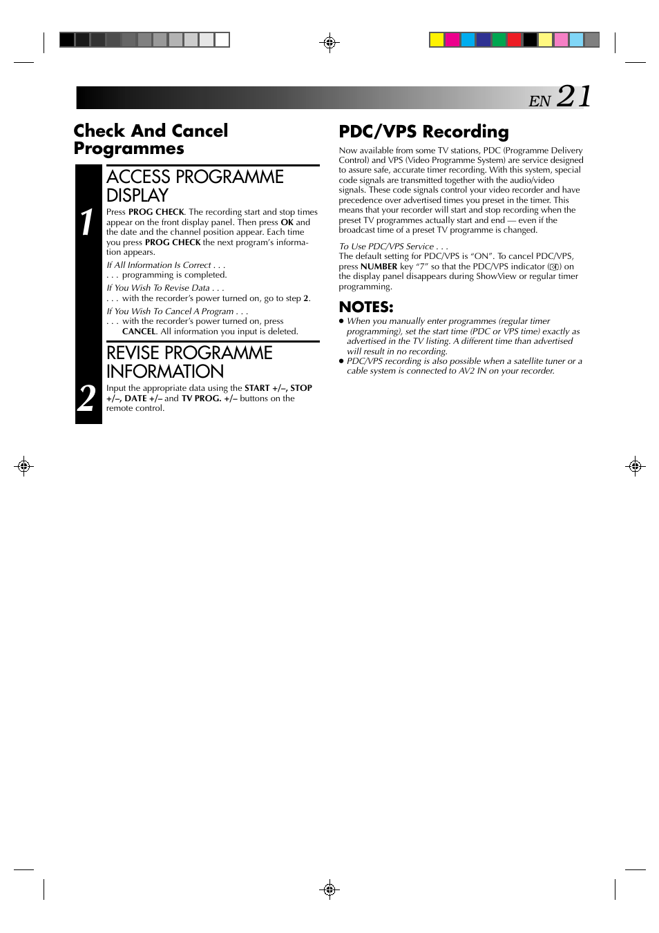 Access programme display, Revise programme information, Check and cancel programmes | Pdc/vps recording | JVC HR-A637E User Manual | Page 21 / 33