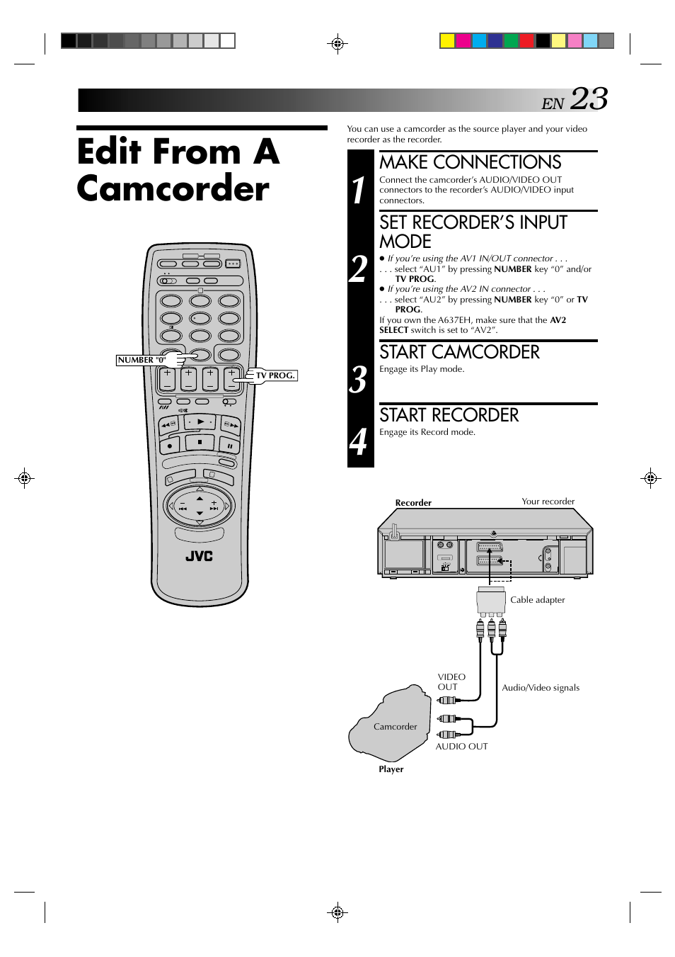 Edit from a camcorder, Make connections, Set recorder’s input mode | Start camcorder, Start recorder | JVC HR-A637E User Manual | Page 23 / 33