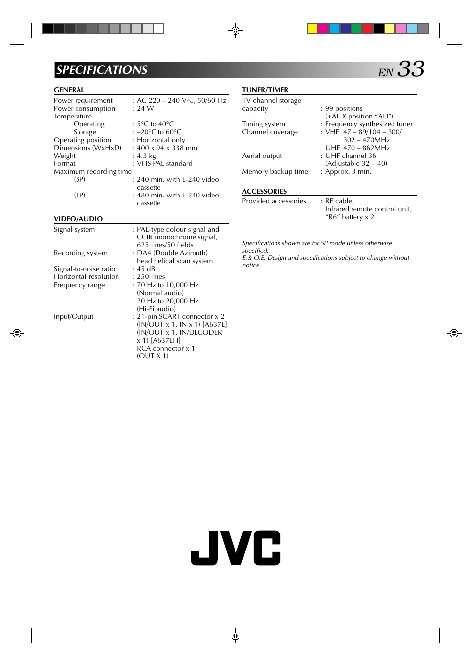 Specifications | JVC HR-A637E User Manual | Page 33 / 33