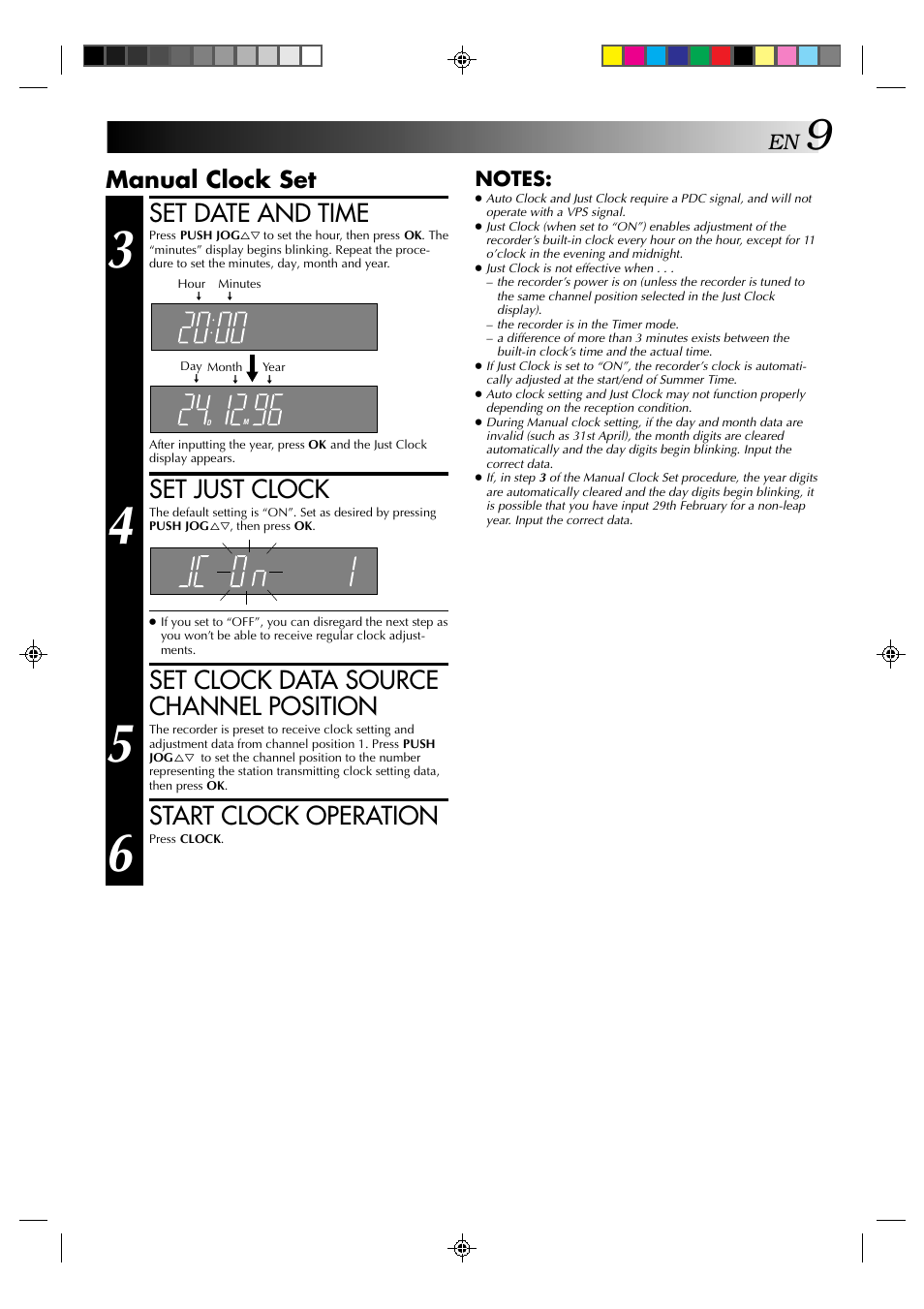 Set date and time, Set just clock, Set clock data source channel position | Start clock operation, Manual clock set | JVC HR-A637E User Manual | Page 9 / 33