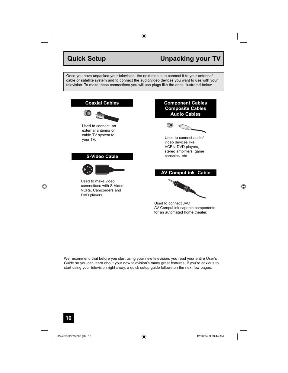 Quick setup unpacking your tv | JVC I'Art Pro LCT1676-001B-A User Manual | Page 10 / 88