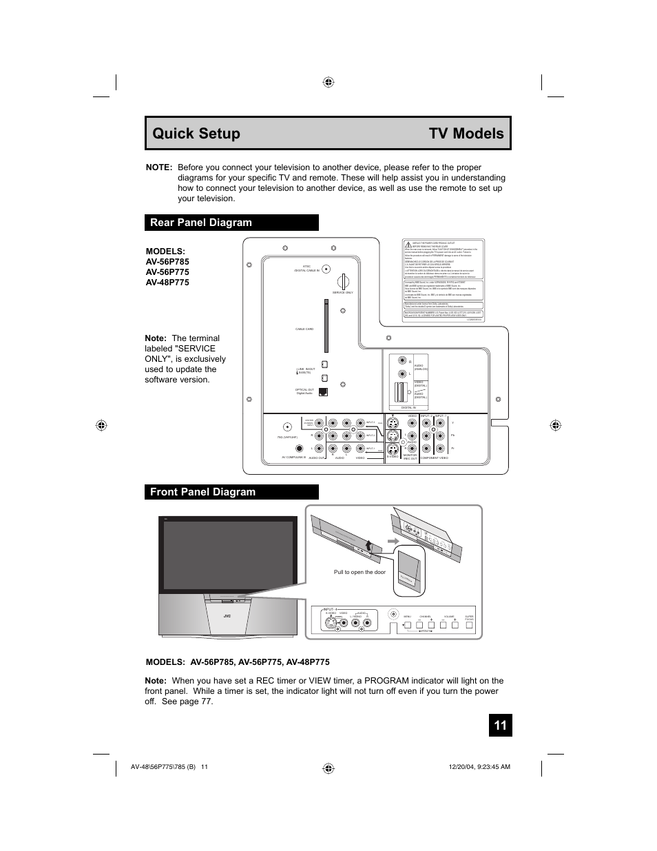 Quick setup tv models, Rear panel diagram front panel diagram, Inpu t- 4 s-vi de o video audio r l / m on o ove r | JVC I'Art Pro LCT1676-001B-A User Manual | Page 11 / 88