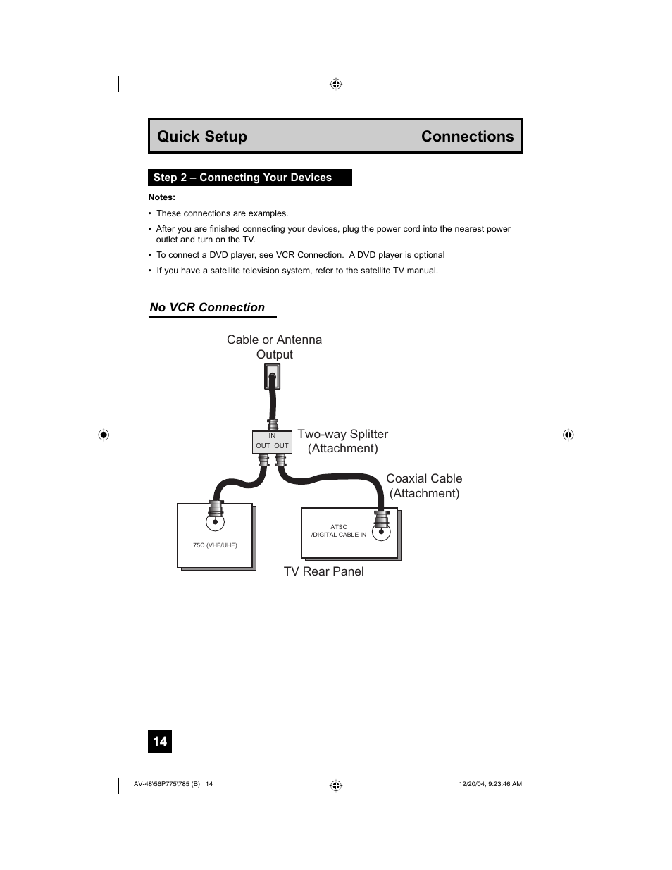 Quick setup connections, No vcr connection | JVC I'Art Pro LCT1676-001B-A User Manual | Page 14 / 88