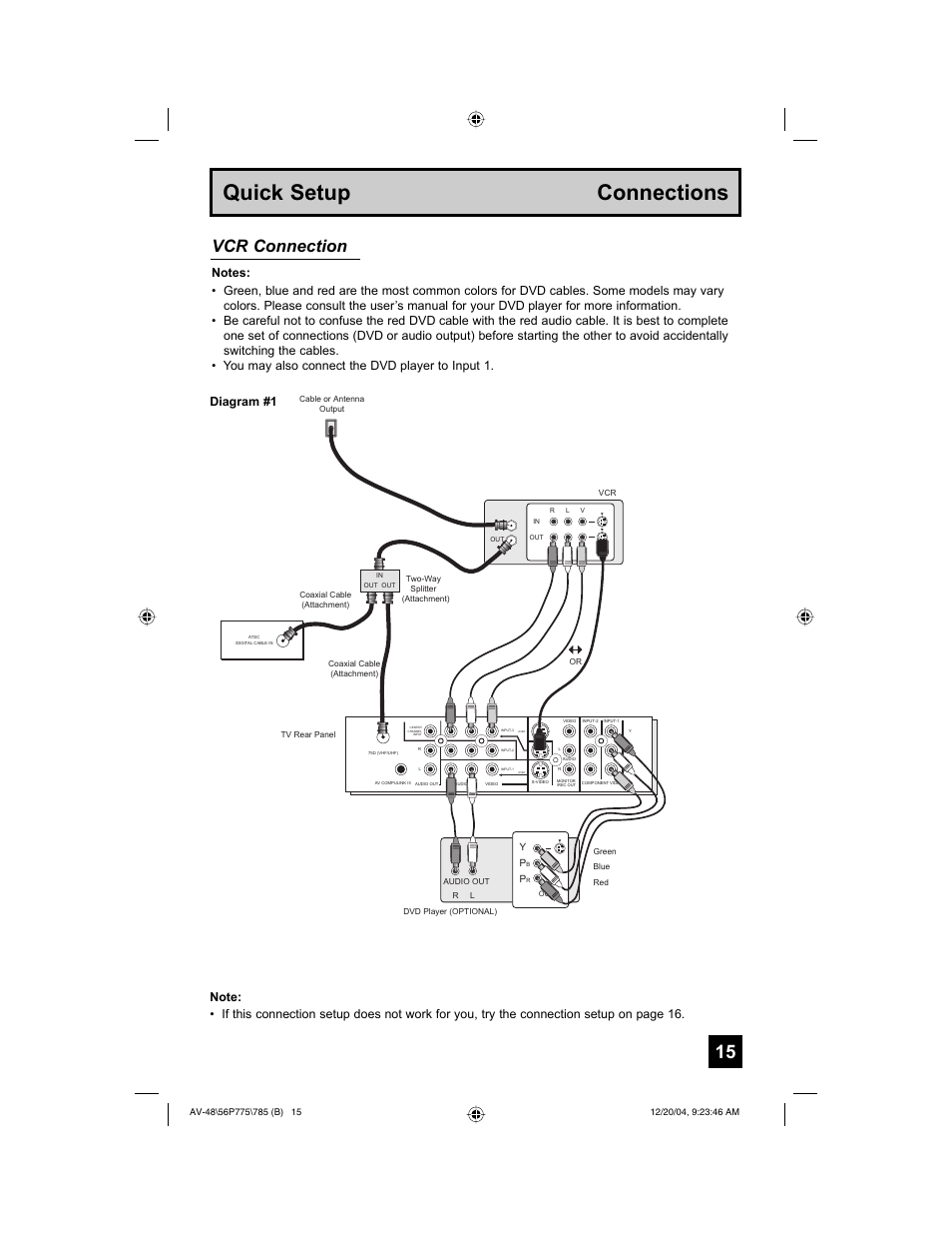 Quick setup connections, Vcr connection | JVC I'Art Pro LCT1676-001B-A User Manual | Page 15 / 88